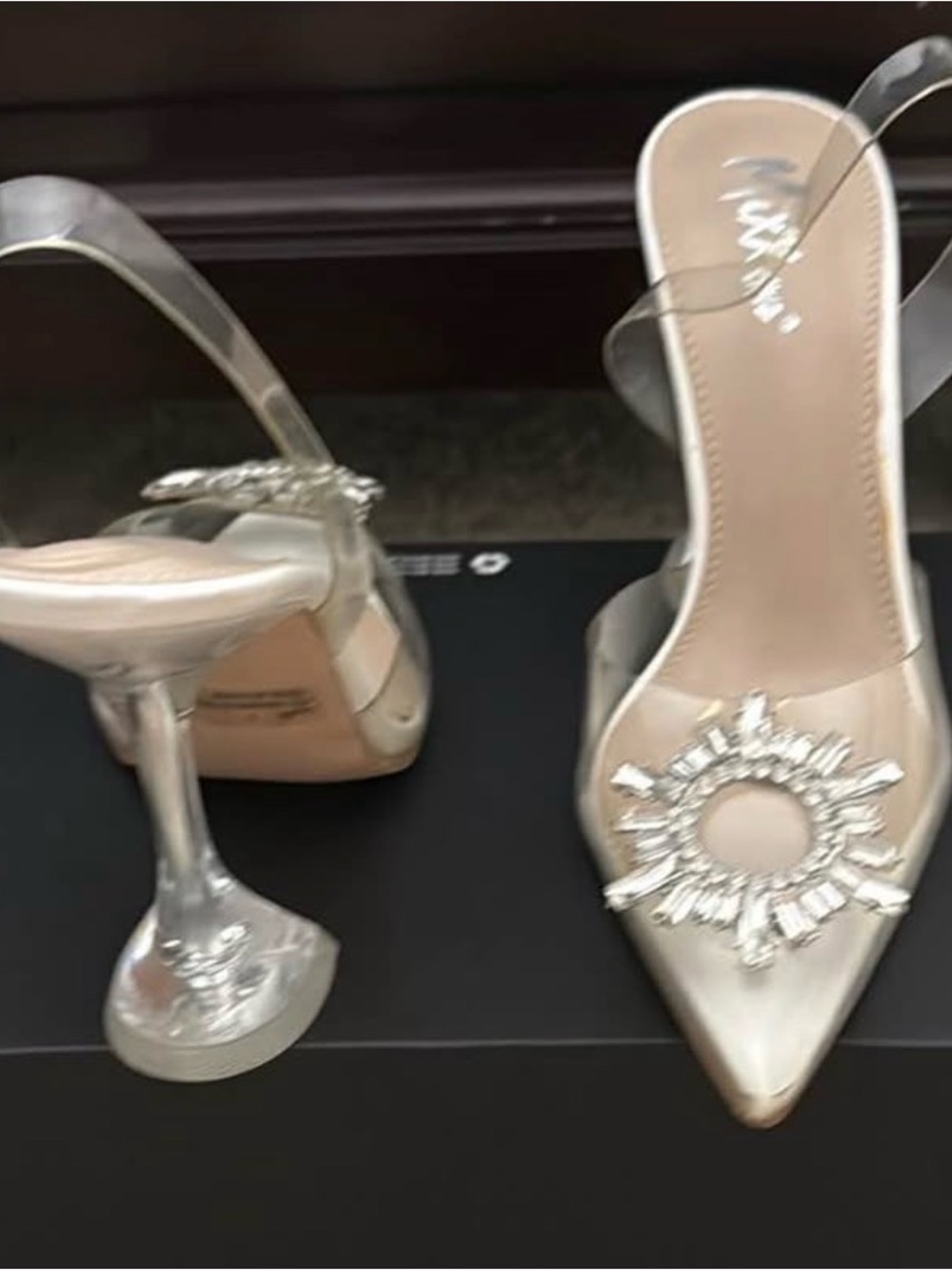 Mixx Shuz Clear and Silver Pointed Toe Slingback Heels with Crystal Sunburst